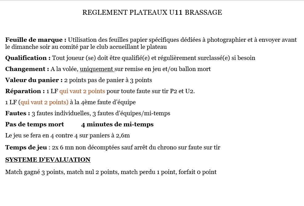 Plateaux d'ajustement de Niveau U11 début de saison